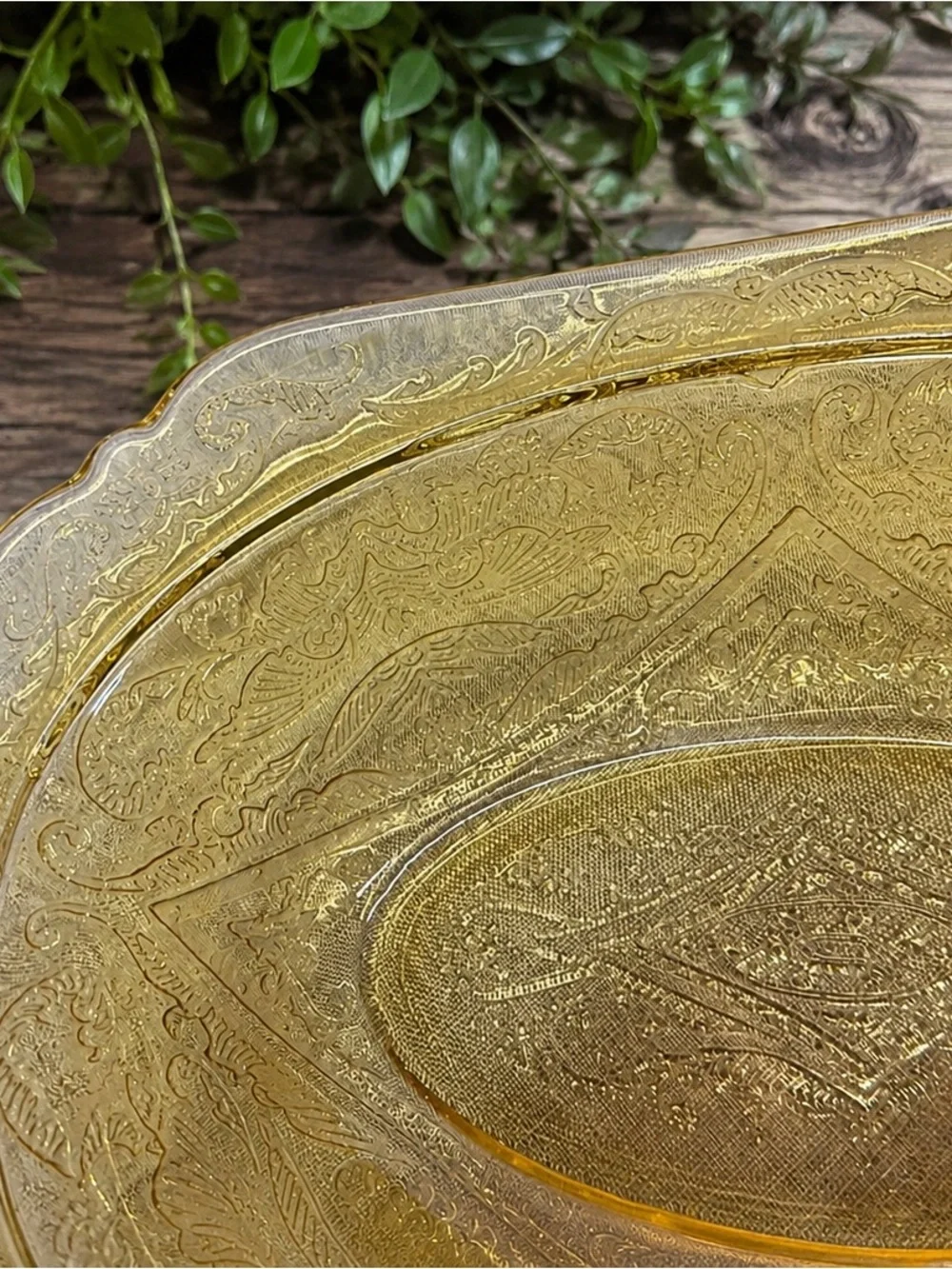 Vintage Amber Yellow Pressed Glass Serving Dishes Set of 3 Ornate Scroll Pattern